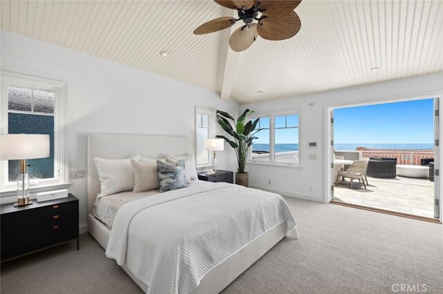 111 Brooks, Laguna Beach, CA 92651 - bedroom with carpet flooring, vaulted ceiling, baseboards, ceiling fan, and access to outside