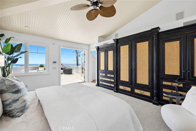 111 Brooks, Laguna Beach, CA 92651 - bedroom with access to outside, lofted ceiling, light carpet, a water view, and a ceiling fan