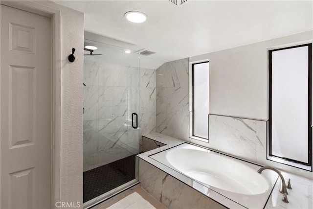 20645 Roscoe Blvd Unit G, Winnetka, CA 91306 - full bath with a marble finish shower, a bath, and recessed lighting