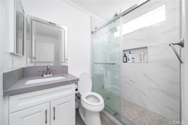 7358 Freedom Pl, Rancho Cucamonga, CA 91730 - full bathroom featuring a marble finish shower, ornamental molding, vanity, and toilet