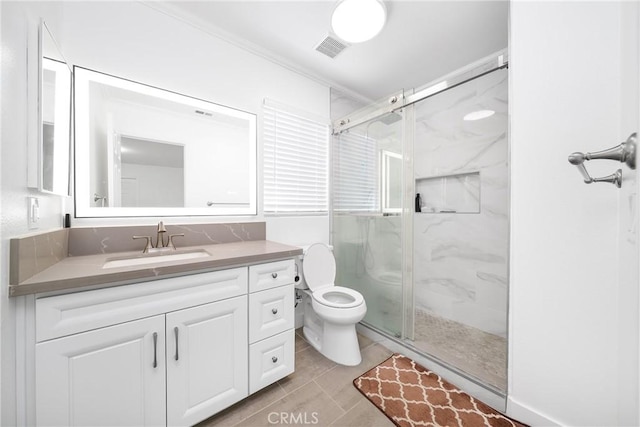 7358 Freedom Pl, Rancho Cucamonga, CA 91730 - full bath featuring a marble finish shower, vanity, and toilet