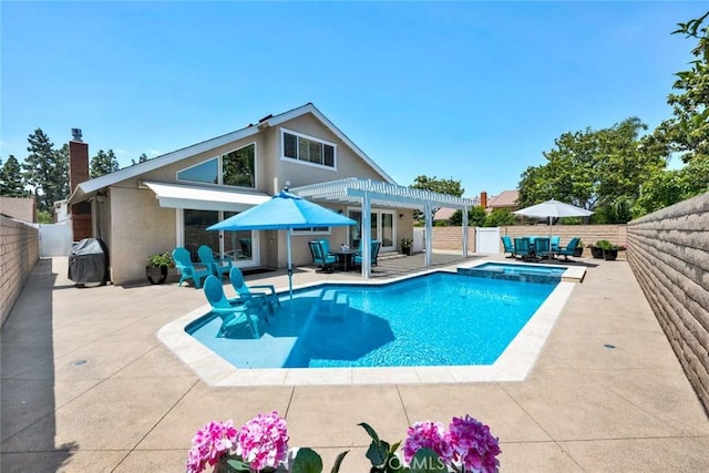 14652 Danborough Rd, Tustin, CA 92780 - view of pool featuring a pergola, a fenced backyard, a patio, and a pool with connected hot tub