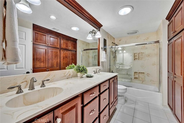 14652 Danborough Rd, Tustin, CA 92780 - bathroom featuring enclosed tub / shower combo, double vanity, recessed lighting, and tile patterned flooring