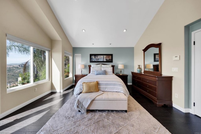 9552 Babauta Rd, San Diego, CA 92129 - bedroom featuring dark wood-style floors, recessed lighting, and high vaulted ceiling