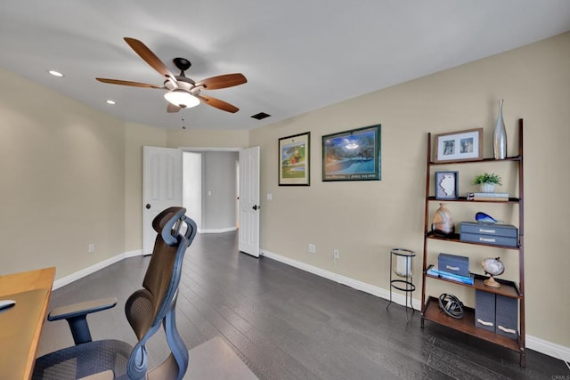 9552 Babauta Rd, San Diego, CA 92129 - home office featuring a ceiling fan, dark wood-style flooring, and recessed lighting