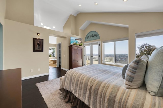 9552 Babauta Rd, San Diego, CA 92129 - bedroom featuring high vaulted ceiling, recessed lighting, dark wood-style flooring, access to outside, and french doors