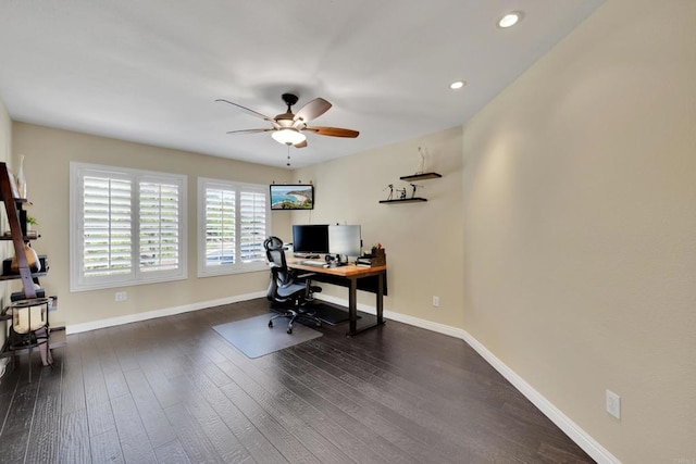 9552 Babauta Rd, San Diego, CA 92129 - office featuring a ceiling fan, dark wood-style floors, and recessed lighting