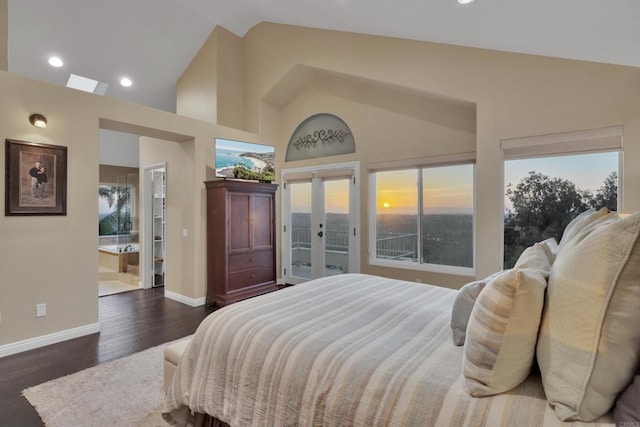 9552 Babauta Rd, San Diego, CA 92129 - bedroom featuring french doors, access to outside, dark wood-style flooring, recessed lighting, and high vaulted ceiling