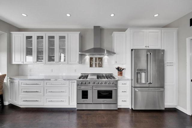 9552 Babauta Rd, San Diego, CA 92129 - kitchen featuring high quality appliances, wall chimney exhaust hood, light stone countertops, glass insert cabinets, and recessed lighting