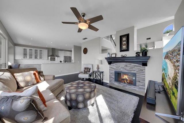 9552 Babauta Rd, San Diego, CA 92129 - living room featuring ceiling fan, a stone fireplace, and recessed lighting