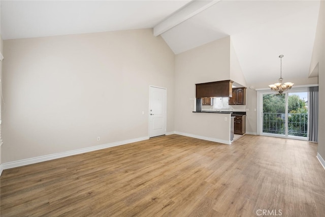 2925 E Spaulding St Unit 304, Long Beach, CA 90804 - unfurnished living room featuring a chandelier, high vaulted ceiling, light wood finished floors, and beam ceiling