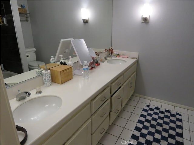 5744 E Creekside Ave Unit 10, Orange, CA 92869 - bathroom featuring double vanity, toilet, tile patterned flooring, and a tub to relax in