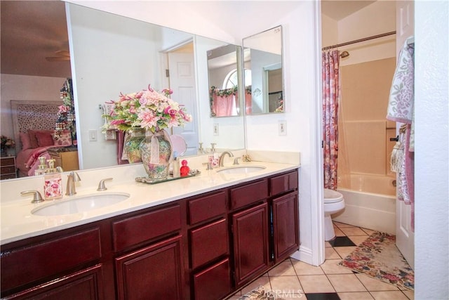 27126 Majello Ct, Temecula, CA 92591 - full bathroom featuring tile patterned flooring, double vanity, and shower / tub combo with curtain