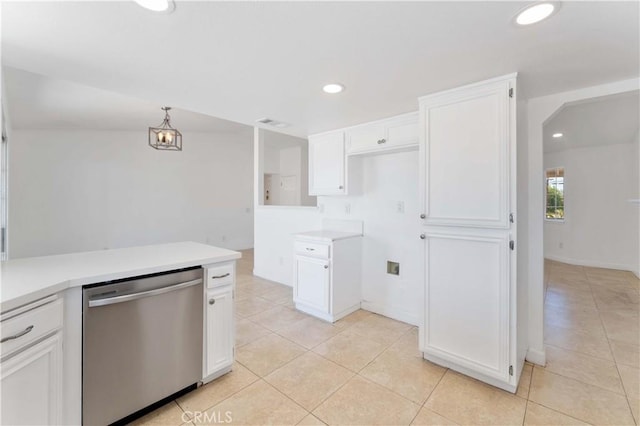 18346 Hackberry St, Hesperia, CA 92345 - kitchen with dishwasher, light tile patterned flooring, white cabinetry, light countertops, and recessed lighting