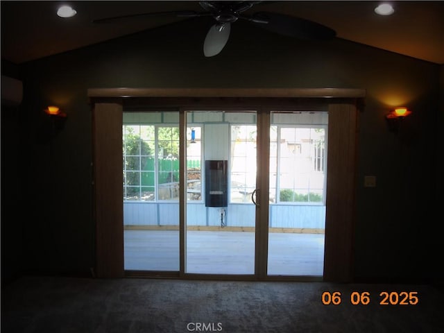 635 5th St, Willows, CA 95988 - entryway featuring vaulted ceiling, carpet, ceiling fan, and recessed lighting