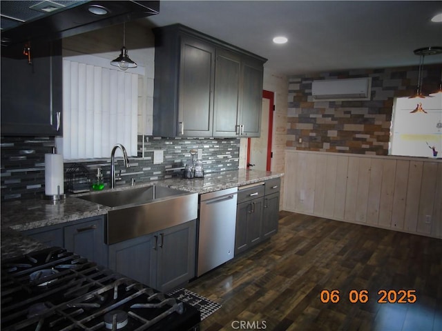 635 5th St, Willows, CA 95988 - kitchen with dishwasher, decorative backsplash, a wall unit AC, dark wood-style floors, and hanging light fixtures