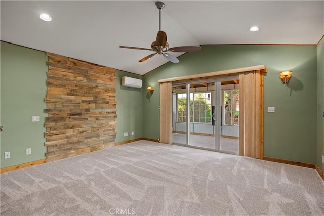 635 5th St, Willows, CA 95988 - spare room featuring a wall mounted AC, ceiling fan, vaulted ceiling, carpet flooring, and recessed lighting