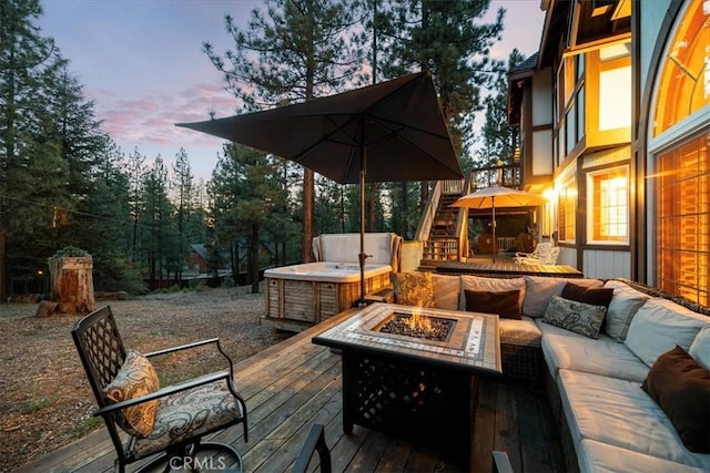 114 Starvation Flats Rd, Big Bear Lake, CA 92315 - wooden terrace featuring an outdoor living space with a fire pit and a hot tub