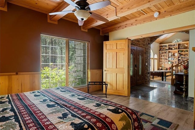 114 Starvation Flats Rd, Big Bear Lake, CA 92315 - bedroom featuring wooden ceiling with exposed beams, a wainscoted wall, multiple windows, wood finished floors, and wooden walls