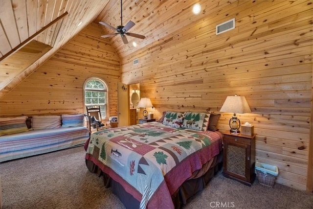 114 Starvation Flats Rd, Big Bear Lake, CA 92315 - bedroom featuring carpet flooring, wooden walls, wood ceiling, high vaulted ceiling, and ceiling fan