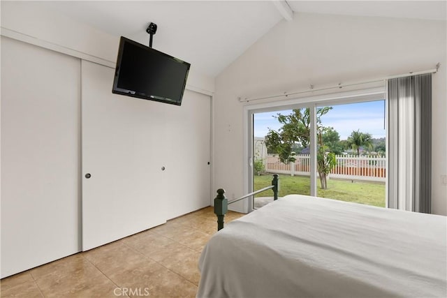 26231 Avenida Calidad, Mission Viejo, CA 92691 - bedroom with light tile patterned flooring, access to outside, beam ceiling, and high vaulted ceiling