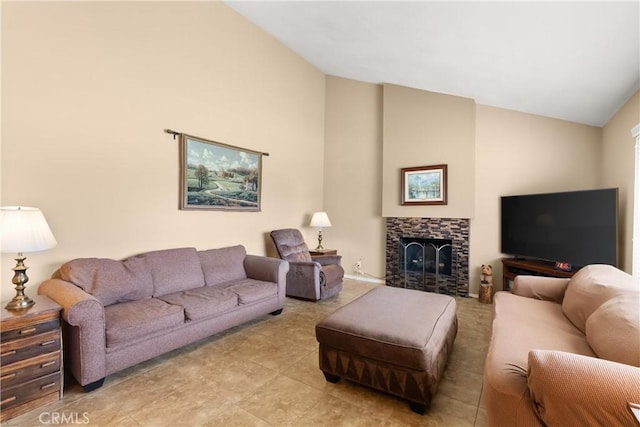 26231 Avenida Calidad, Mission Viejo, CA 92691 - living area featuring a fireplace, high vaulted ceiling, and light tile patterned floors