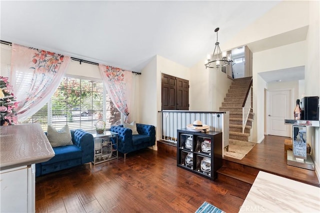 3372 Buckingham Rd, Chino Hills, CA 91709 - living area with lofted ceiling, stairway, hardwood / wood-style flooring, and a chandelier