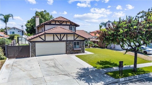 3372 Buckingham Rd, Chino Hills, CA 91709 - tudor-style house featuring a chimney, a tiled roof, driveway, and stone siding