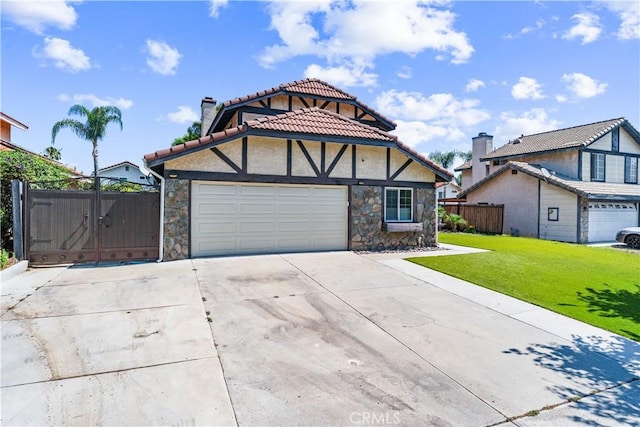 3372 Buckingham Rd, Chino Hills, CA 91709 - tudor house with concrete driveway, stone siding, a chimney, a tiled roof, and an attached garage