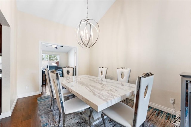 3372 Buckingham Rd, Chino Hills, CA 91709 - dining room featuring a chandelier, dark wood-style floors, lofted ceiling, and ceiling fan