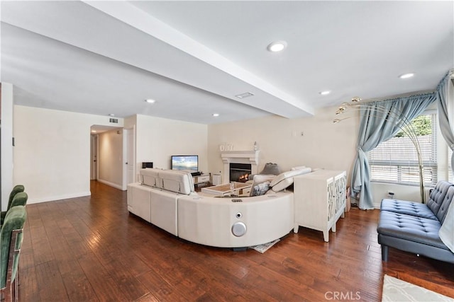 3372 Buckingham Rd, Chino Hills, CA 91709 - living room with dark wood-style floors, a lit fireplace, and recessed lighting
