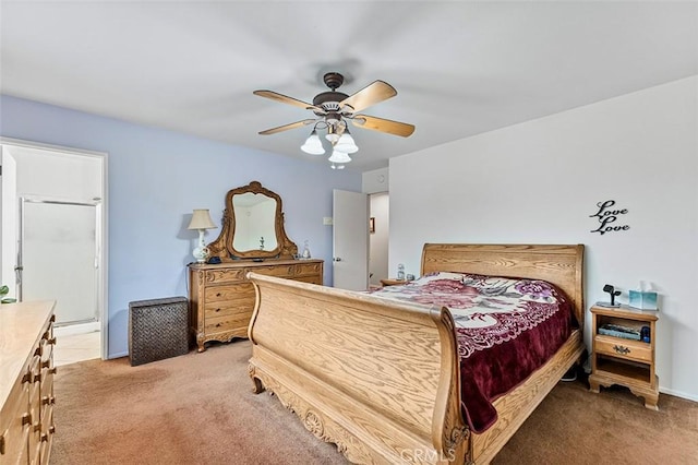 7669 Granby Ave, Rancho Cucamonga, CA 91730 - bedroom with light colored carpet, a ceiling fan, and ensuite bath