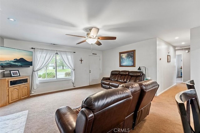 7669 Granby Ave, Rancho Cucamonga, CA 91730 - living area featuring light carpet, a ceiling fan, baseboards, and recessed lighting