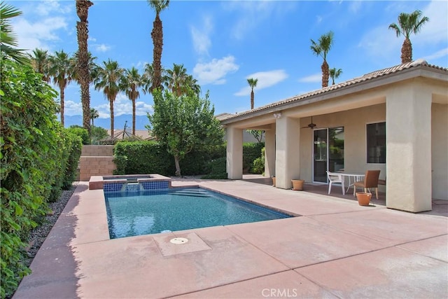 69635 Valle De Costa, Cathedral City, CA 92234 - view of pool featuring a patio, a ceiling fan, and a pool with connected hot tub