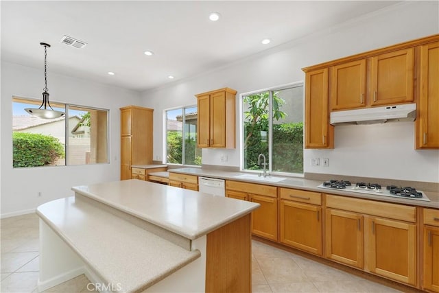 69635 Valle De Costa, Cathedral City, CA 92234 - kitchen with under cabinet range hood, a sink, white appliances, light tile patterned floors, and recessed lighting
