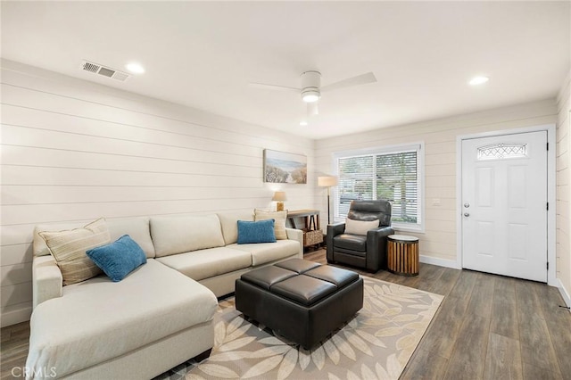4735 Sunny Hills Rd, Oceanside, CA 92056 - living room featuring wood finished floors, ceiling fan, wood walls, baseboards, and recessed lighting