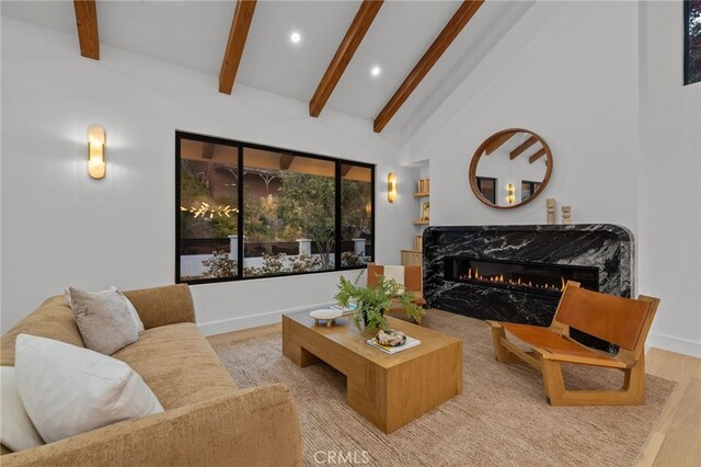 721 Wilson Ct, Burbank, CA 91501 - living area featuring beamed ceiling, a fireplace, recessed lighting, wood finished floors, and baseboards