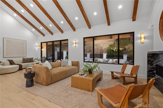 721 Wilson Ct, Burbank, CA 91501 - living area featuring recessed lighting, wood finished floors, beamed ceiling, and high vaulted ceiling