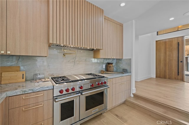 721 Wilson Ct, Burbank, CA 91501 - kitchen with range with two ovens, modern cabinets, light brown cabinetry, and recessed lighting
