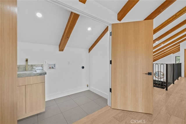 721 Wilson Ct, Burbank, CA 91501 - washroom featuring hookup for a washing machine, hookup for an electric dryer, cabinet space, tile patterned flooring, and recessed lighting