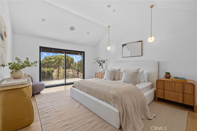 721 Wilson Ct, Burbank, CA 91501 - bedroom featuring access to exterior, wood finished floors, and high vaulted ceiling