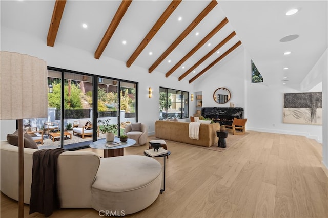 721 Wilson Ct, Burbank, CA 91501 - living room with high vaulted ceiling, beam ceiling, recessed lighting, light wood-style flooring, and baseboards