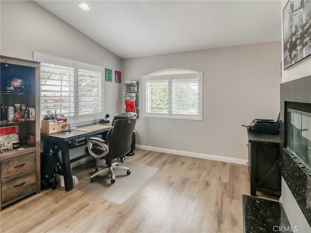 2223 Grant Ave Unit C, Redondo Beach, CA 90278 - office space with vaulted ceiling, light wood-type flooring, a glass covered fireplace, baseboards, and recessed lighting