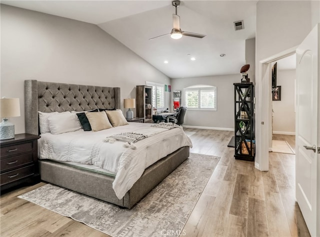 2223 Grant Ave Unit C, Redondo Beach, CA 90278 - bedroom featuring light wood-style flooring, high vaulted ceiling, ceiling fan, recessed lighting, and baseboards