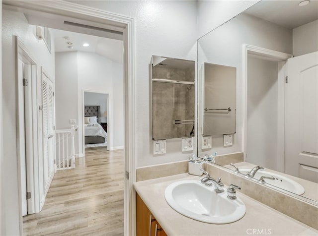 2223 Grant Ave Unit C, Redondo Beach, CA 90278 - bathroom featuring an enclosed shower, vanity, wood finished floors, ensuite bath, and recessed lighting