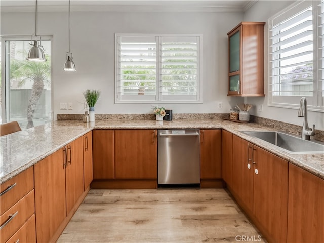 2223 Grant Ave Unit C, Redondo Beach, CA 90278 - kitchen with dishwasher, a sink, light wood finished floors, plenty of natural light, and crown molding