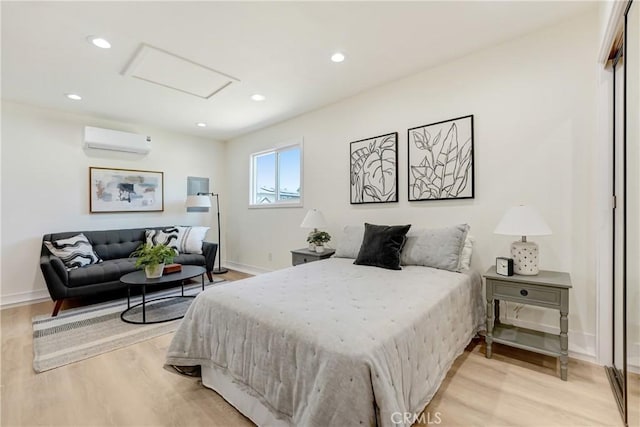 2380 Westcott Ave, Monterey Park, CA 91754 - bedroom with attic access, a wall unit AC, light wood-style flooring, baseboards, and recessed lighting