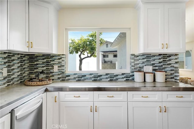 2380 Westcott Ave, Monterey Park, CA 91754 - kitchen with stainless steel countertops, stainless steel dishwasher, white cabinetry, and decorative backsplash