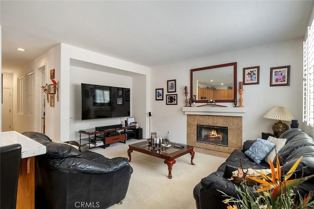 31332 Gatehouse Ct, Murrieta, CA 92563 - living room with carpet floors, a tile fireplace, and recessed lighting
