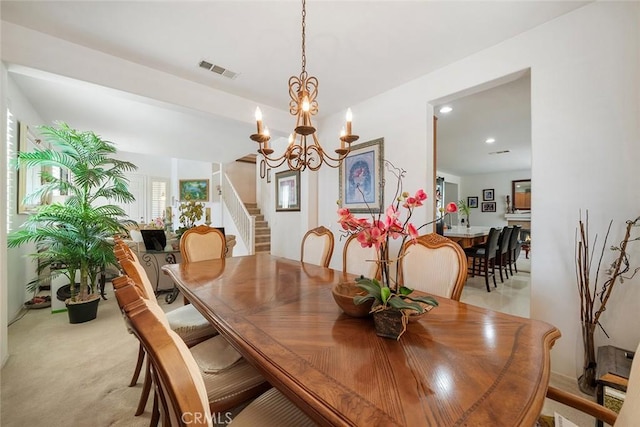 31332 Gatehouse Ct, Murrieta, CA 92563 - dining space featuring a chandelier, stairway, recessed lighting, and light colored carpet